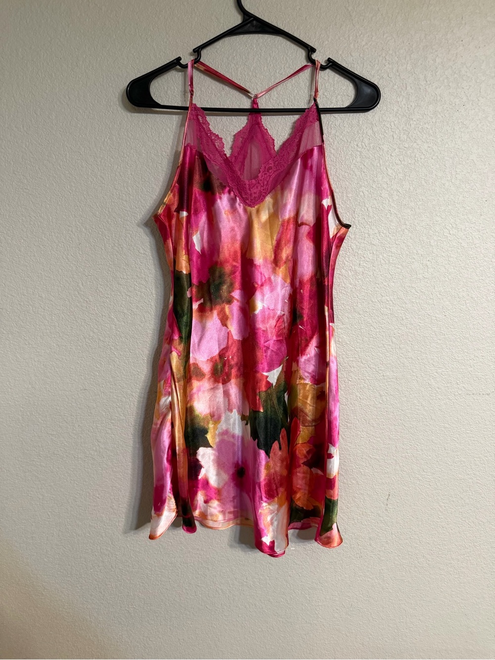 Pink Floral Satin Lace-Trim Slip Chemise